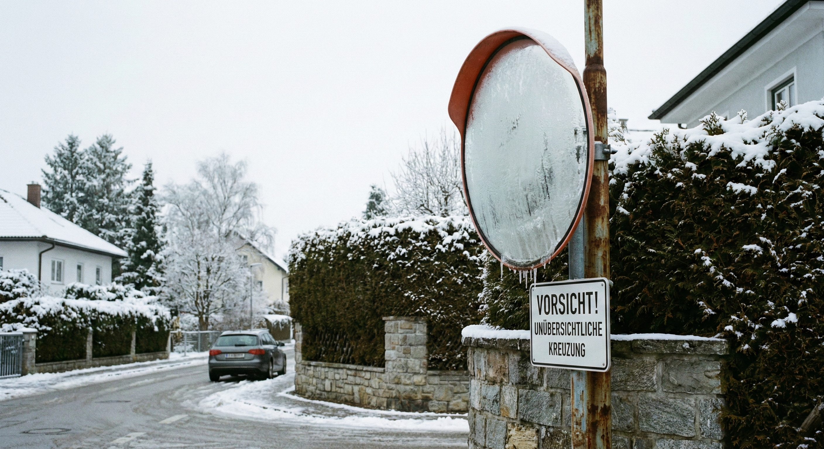 Beschlagener Verkehrsspiegel an einer unübersichtlichen Kreuzung